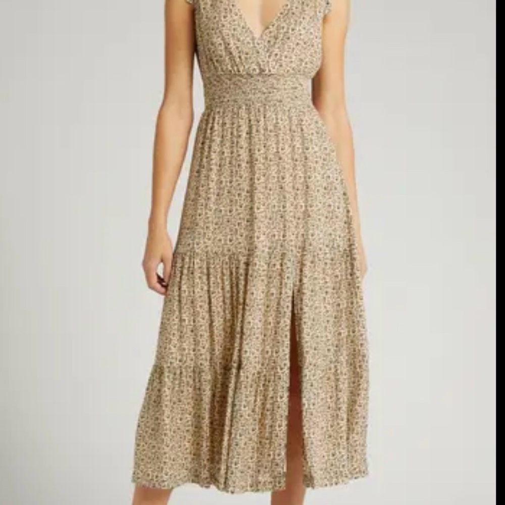 Paige Smocked Sleeveless Waist Dress Beige Patterned Midi Dress with Slit